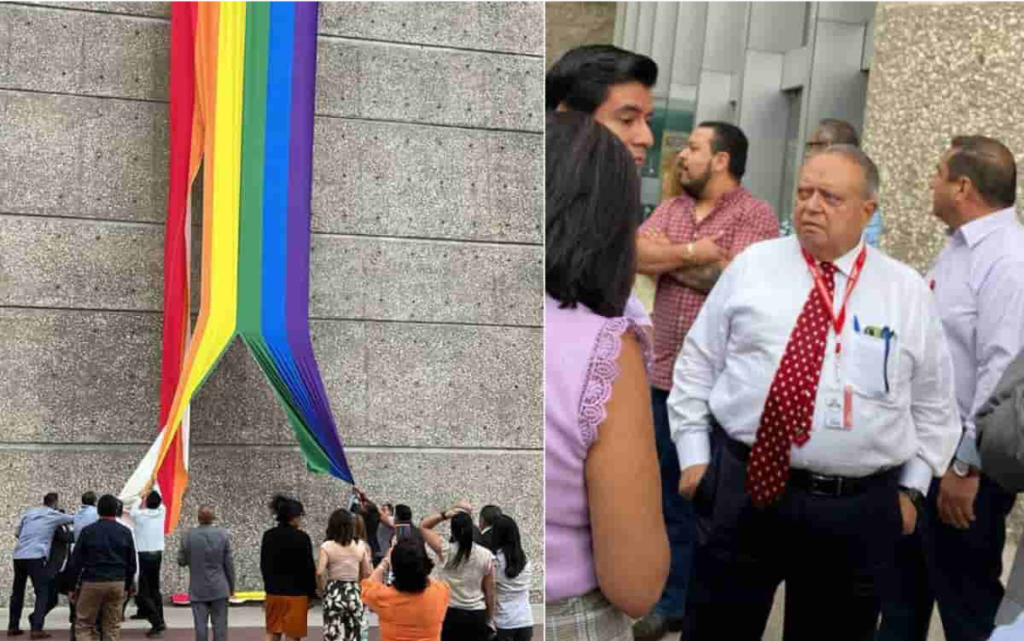 Líder sindical rompe bandera del orgullo gay en la sede del Infonavit